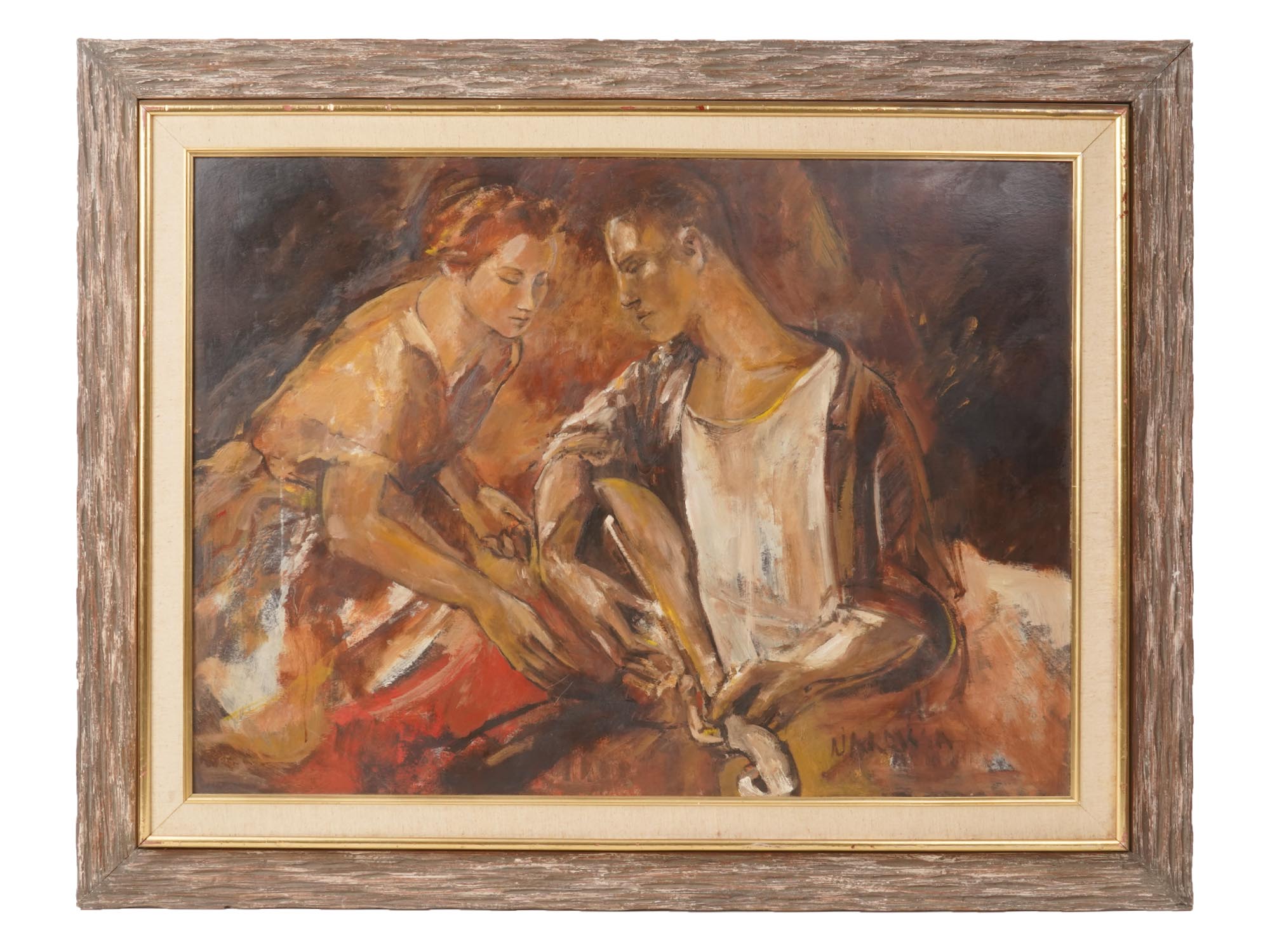 MID CENTURY OIL PAINTING COUPLE GUITAR SIGNED